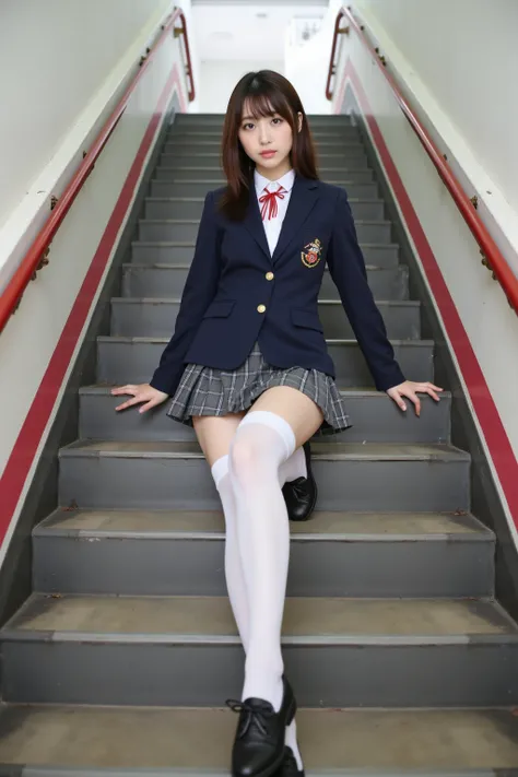 　 best image quality、score_9,  score_8_ up 、masterpiece、 back view、from below、1 Japanese girl、female high school students、uniform、 blazer、(miniskirt:1.3)、(white panties:1.3)、Thigh Highlighted、loafers、sit、(spread legs:1.3)、 station stairs、