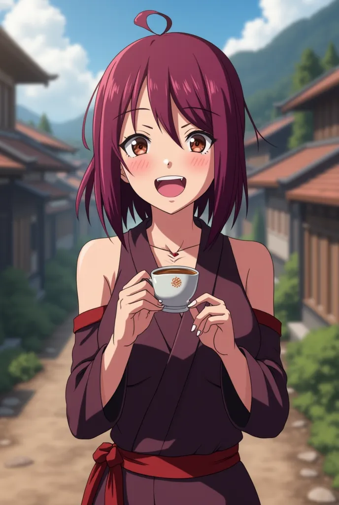 

" Naruto Shippuden anime capture : SINGLE 18-year-old woman,  very beautiful, cinnamon tea, Dark Brown Eyes,Vinotinto hair  (violet red), medium hair with fringe curtain and brushed layers, Laughing faction , NARUTO SEXY ninja costume clothing COLOR RED,...