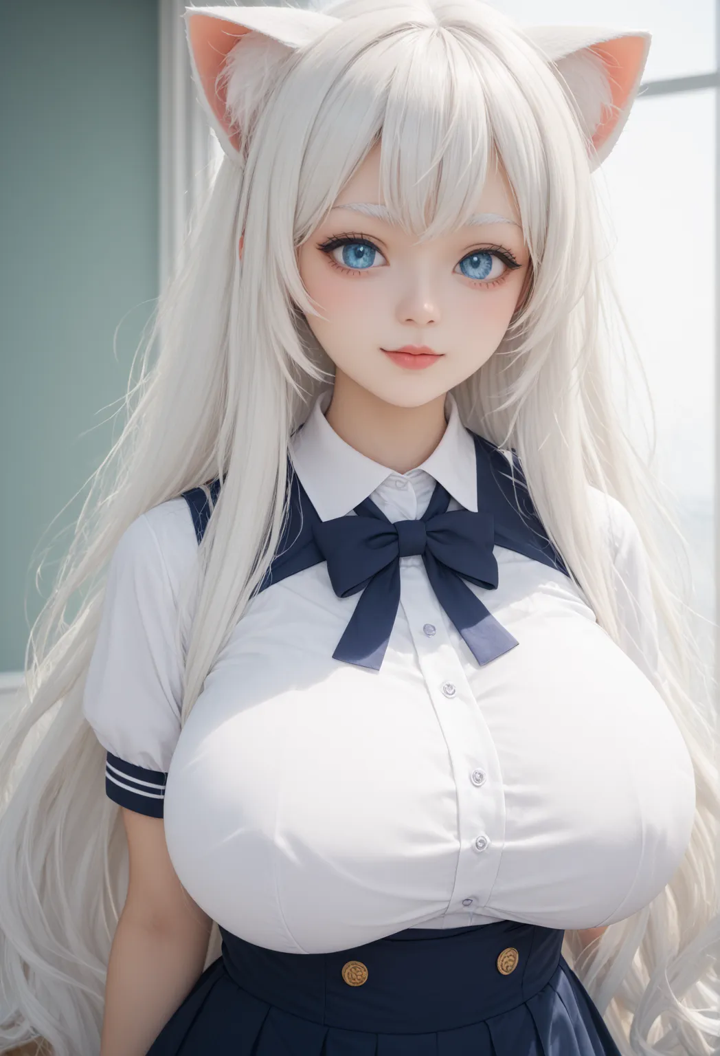  biggest masterpiece。A virtual driver with a cat motif。cyan costume in uniform style。 white skin。 high resolution。 bluish-white with long hair。popup。 Height 140 cm。  girl。 white eyebrows 。 biggest masterpiece。超 high resolution。 Popup。 blue eyes。 white skin...