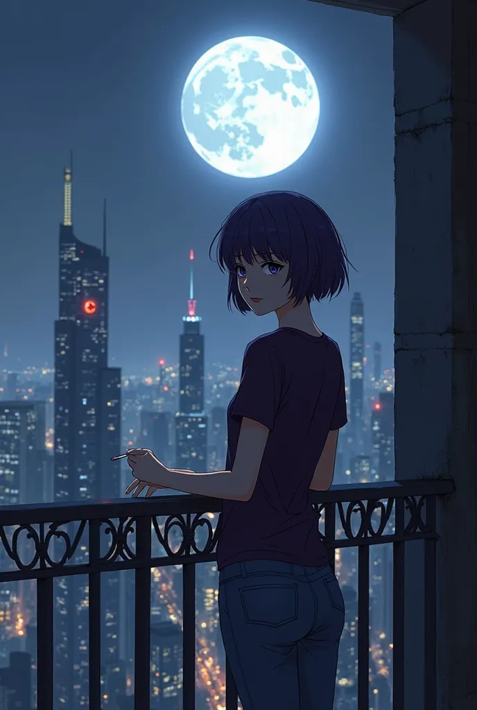 Anime style young woman of approximately 23 years old in the color of dark purple hair cut, a dark purple t-shirt and jeans, She is smoking on the balcony of a building,and she is supported by the railing and a city is founded with the full moon 