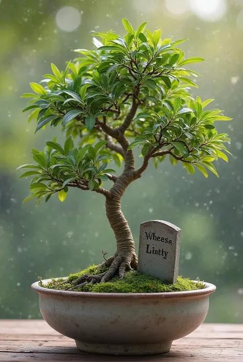 A bonzai tree with a small beautiful grave stoneunderneath and the engraving "Cindy" on. The bonzai tree in a bowl suitable for a gift 