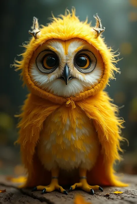 An owl in a yellow costume and a mask 