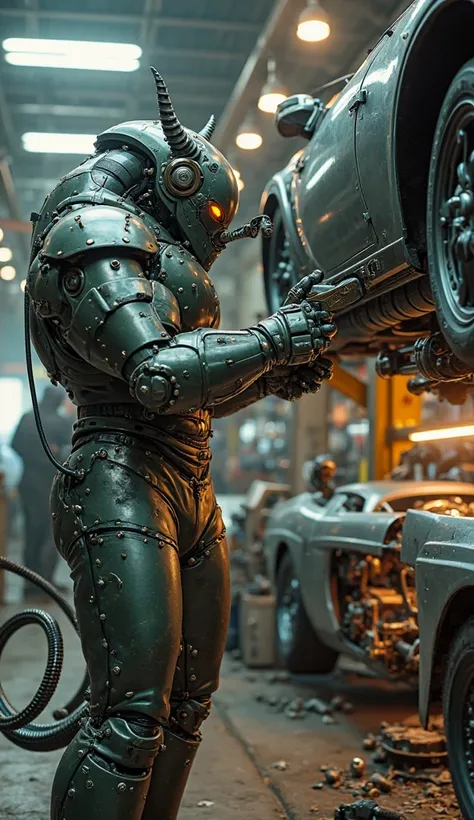 ((Ultra-realistic, cinematic close-up of a Mecha Touro Mecânico working in a futuristic auto repair shop. His massive, armored body is covered in sleek, matte gunmetal plating with subtle bronze engravings resembling natural muscle definition. His powerful...