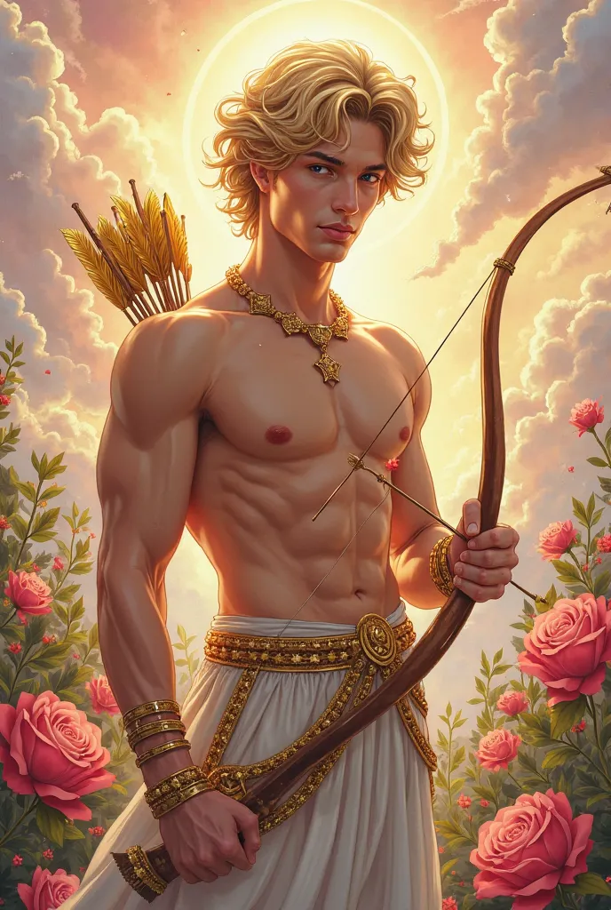 the god Eros, In Greek mythology, He is the god of love, of desire and attraction. Its appearance is enchanting and radiant, reflecting his connection with the power of love and passion. He is represented as a young man of divine beauty, with an athletic a...