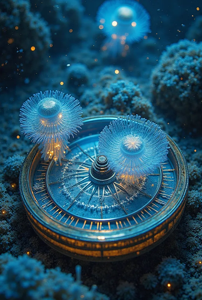 prospect：to grow crystal anemones in a broken classical navigation compass

Medium view：A symbiotic community composed of mechanical jellyfish and luminescent plankton

Light and shadow：, the light spots formed by refraction of the surface of the water are...