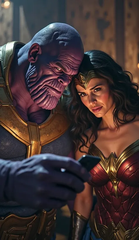 thanos using phone at home with mouth home shocking face 1 hand on his head , wonderwoman standing beside him.