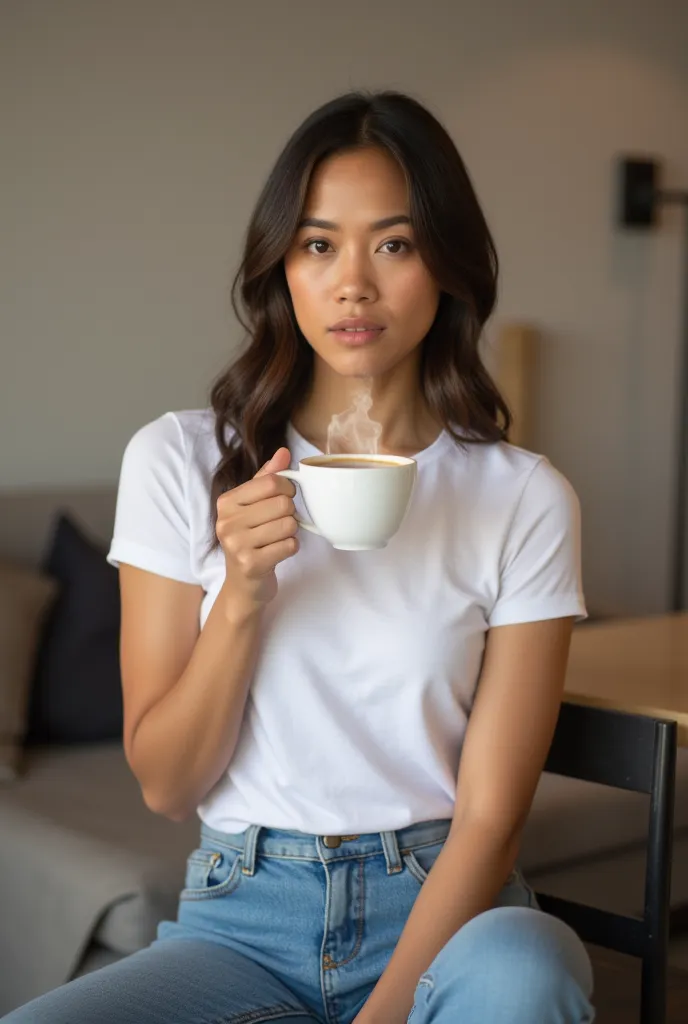 (perfect body), 1girl, sitting, dring coffee, white t-shirt, denim