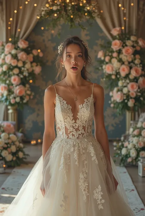 Create a photo of a woman standing in her wedding dress, looking at the camera with a shocked expression, her mouth open and her eyes wide. and the background beatifully decorated 