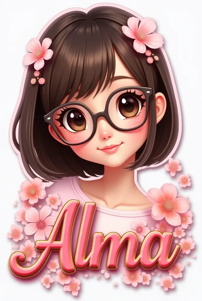 Create a 3D render of a holographic photo realistic in a sticker of a beautiful filipinaa animé girl with dark brown eyes amd eyeglasses, with Short straight brunette hair with mini flowers. Sweet smile. Below is a 3D name "Alma" written in elegant curvey ...