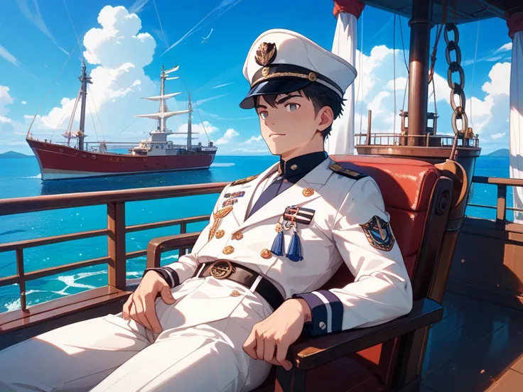 Japanese male sailor wearing a 25-year-old hat、He is wearing a white officer hat、white military uniform、He is wearing a white military uniform、Kind expression、They steer a ship with a ship's bridge、 Ghibli anime style
