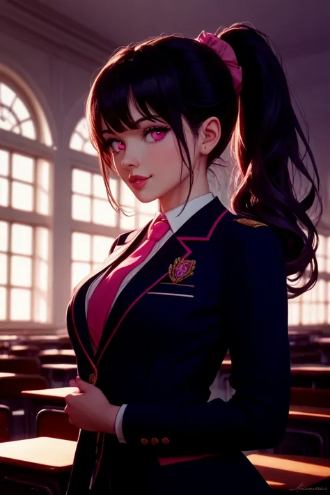  black hair、ponytail、Pink eyes、blazer uniform、Beautiful Girl