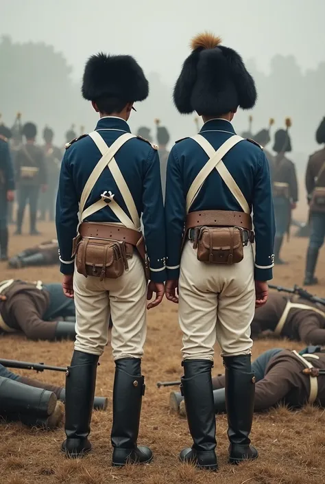 Take a photo! In the photo young, 16-Year-Old Soldiers in Firing Ground in Battle in the 1810s. The soldiers stand close to each other, Closed, in the form of a straight line. The look of their uniform is as follows. Black fur-coated cub on their heads. bl...