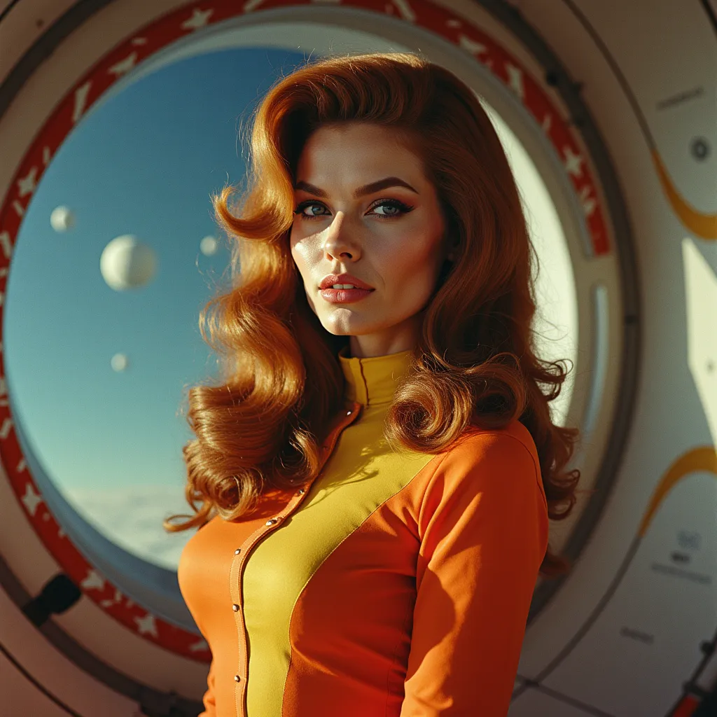 A vintage space age artistic image, low angle dutch angle, buxom unique female character, sci-fi 1968, long wavy auburn hair that is high at the top of her head and cascading over her shoulders, curvy, wearing a form fitted 1960s colorful mod space dress w...