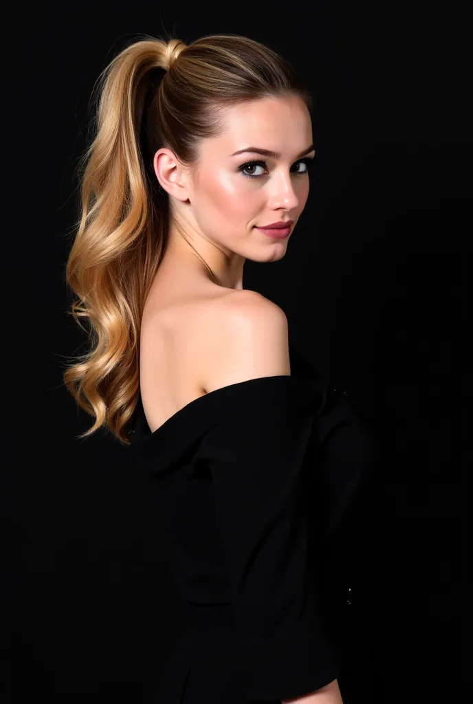 A woman posing with her back to the camera but turning her face to look directly at the viewer.  conveying elegance .She wears a hairstyle with a high and voluminous ponytail with well-defined waves and a color in shades of blonde and brown. She wears a bl...