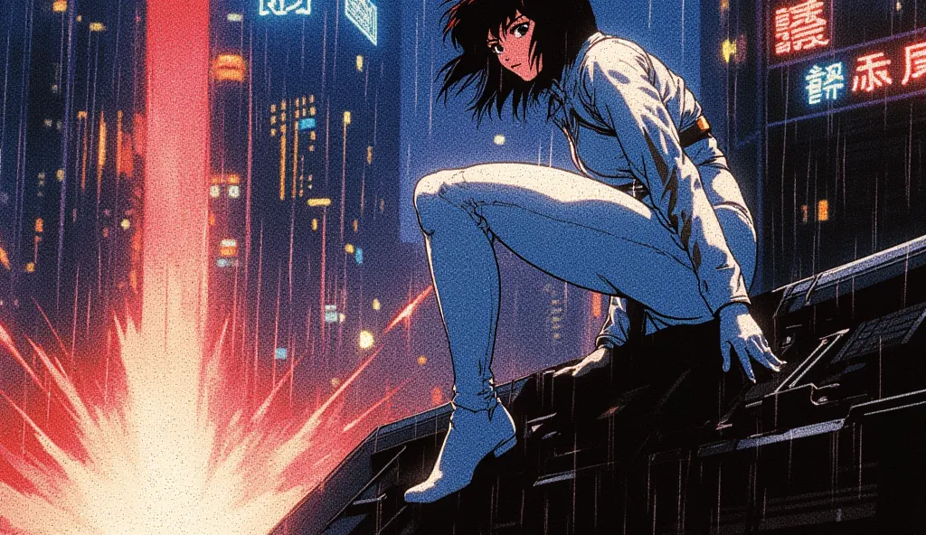 A full-body anime character in the style of Masamune Shirow's Ghost in the Shell blended with 80s/90s anime aesthetics like Akira, depicted preparing to leap from a skyscraper rooftop at night with a dynamic, poised pose. She has a fit, athletic physique w...