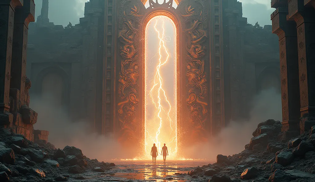 A colossal, alien-designed portal shimmers in the heart of an ancient ruin. Lightning-like energy arcs between the shifting symbols, and shadowy figures beyond the gate move toward the threshold.