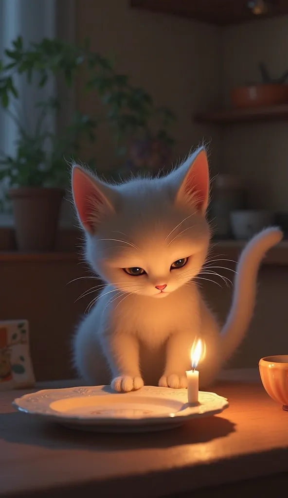 
Scene 12:

(The cat lights a tiny candle next to the plate.)
Sound effect:
(Candle flicker)
