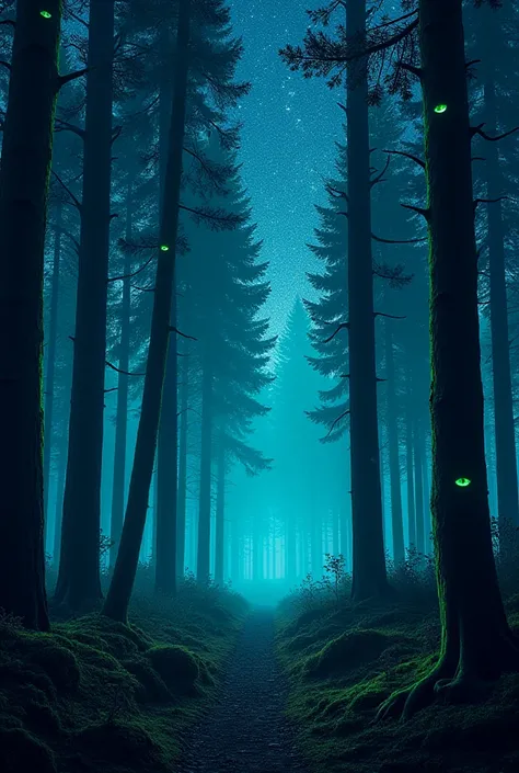 A dense forest illuminated by shades of blue and neon green. The trees have eyes in the bark, and the leaves seem to vibrate at the sound of an invisible drum. IN THE SKY, stars move in strange spirals.