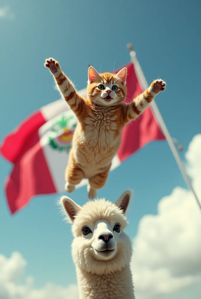 Cat skydiving falling on an alpaca with the flag of Peru