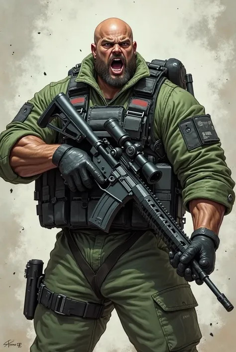 (A rugged beefy extremely muscular bulky shouting chubby sikh old man), (wearing green fully-zipped airforce jumpsuit with black body armor), shooting with rifle, wearing bulky harness with utility belt, wearing bulky scuba gear, muscular physique, toned m...