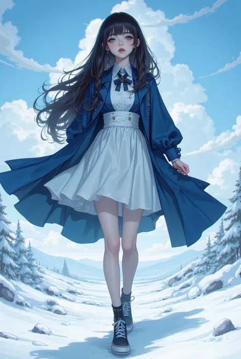 an anime girl with long hairs with pony tails standing in the snow, 1girl, solo, looking at viewer, ponytail, long hair, black hair, closed mouth, blue background