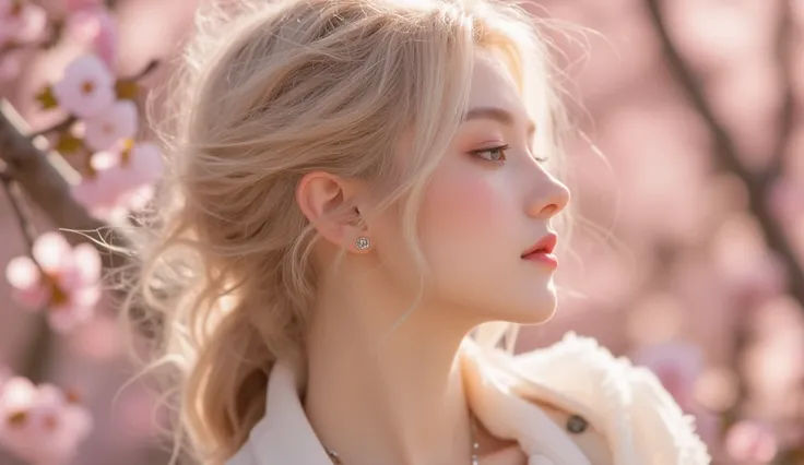 32K,  masterpiece, Top Quality, ((woman)) blond with a big face,  white skin,  rosy cheeks , 白人woman，Natural Cosmetics,  nude lipstick ,necklaces, earrings,  disheveled hair, profile in landscape orientation from, Blurry Background, Surrounded by cherry bl...