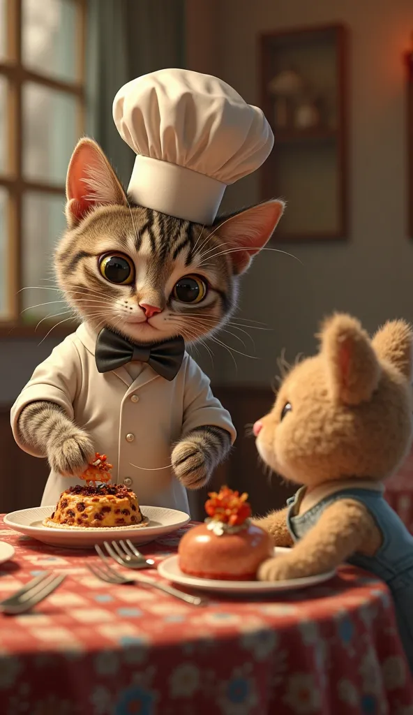 Scene 13:

(The cat serves the dish to a stuffed animal guest.)
Voice-over:
"Chef Meow’s restaurant is now open!"