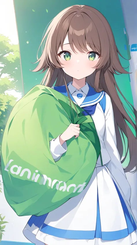 one girl、is facing the front、Combine FamilyMart uniforms with Lawson uniforms、Standing still、green back、hair brown、Light green eyes、Semi-long hairstyle、half up、 no background、background green、