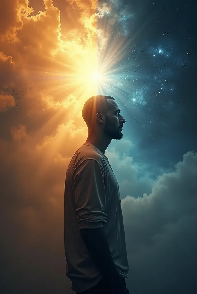 a man a background combines two worlds:the heavens, with flowing light symbolizing the connection to God; the other background could appear darker or more tangled, make the two worlds very different, symbolizing his blindness to the truth or the manipulati...