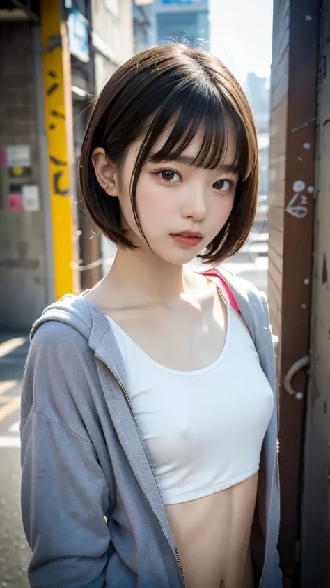 masterpiece, Highest quality, very well detailed, 8k, realistic, one girl, alone,  tomboy, very well detailed face, ( upper body photo:1.5), standing in front of a wall covered in hip-hop graffiti, Cyberpunk neon cityscape, pixie cut gray hair ,  she's sit...