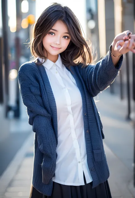 Black long bang hair, black eyes, white shirt, blue cardigan, black long skirt, gentle smile, blush, city background, masterpiece, looking at you, standing, reaching out arm. 