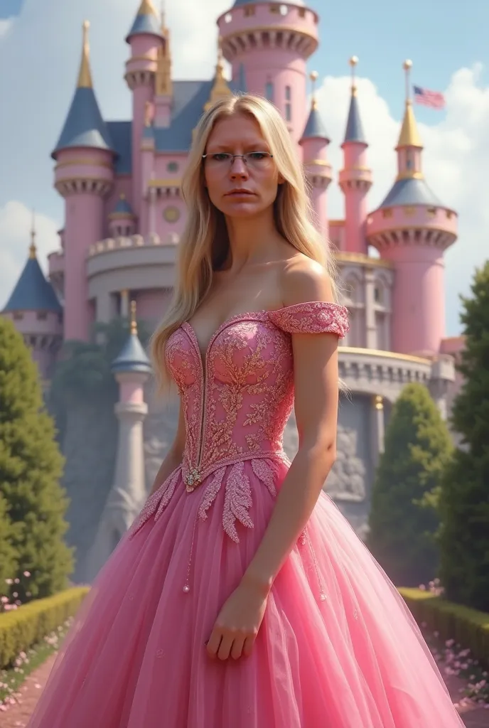 Beautiful queen short hair straight blond pink dress in front Castelo Rosa 