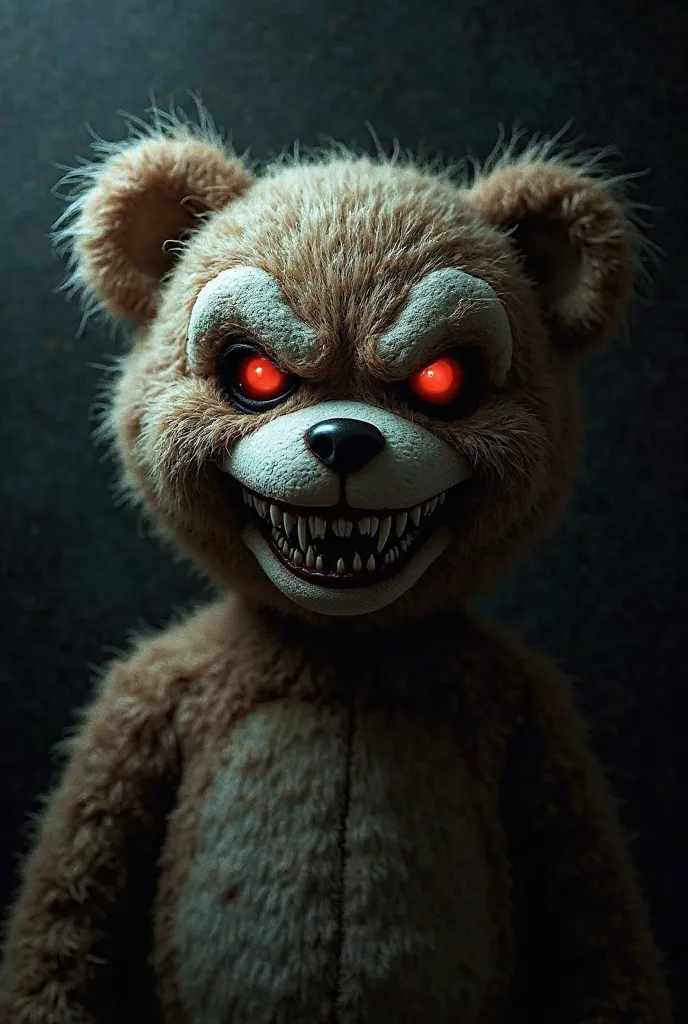 Teddy bear face with evil eyes on dark background