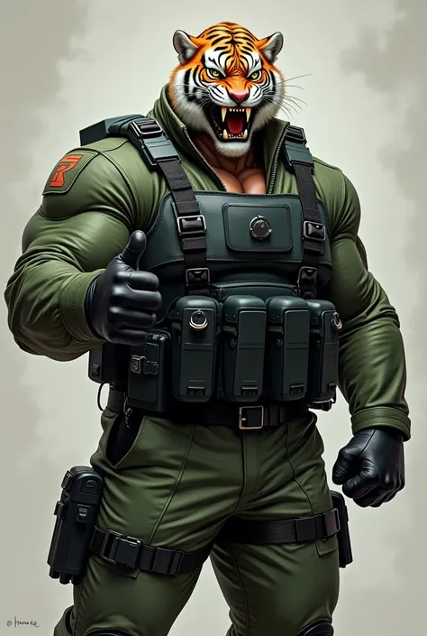 (A rugged beefy extremely muscular bulky old man), (wearing green fully-zipped airforce jumpsuit with black body armor), (wearing realistic roaring tiger mask), thumbs up pose, wearing bulky harness with utility belt, wearing bulky scuba gear, muscular phy...