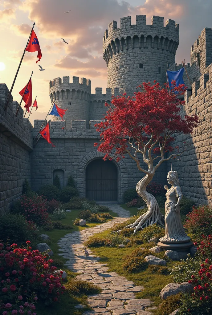 A realistic view of an imposing medieval castle, built of dark gray stone and marked by time. The thick walls surround the fortress, with tall and narrow towers in each corner. Red and blue flags, adorned with a shark symbol, flutter in the wind , aligned ...