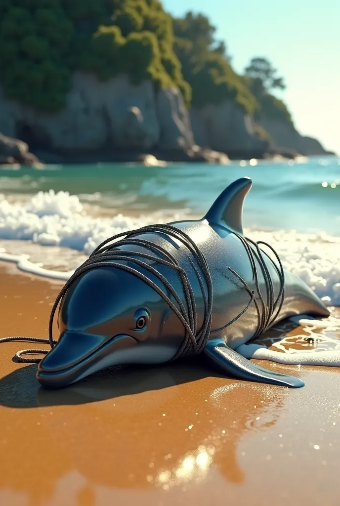 "A highly detailed, cinematic 3D-rendered image of a dolphin stranded on a sandy beach, entangled in a thick fishing net. The dolphin’s body is sleek, wet, and glistening under the warm sunlight, reflecting the blue hues of the ocean. The net is tightly wr...