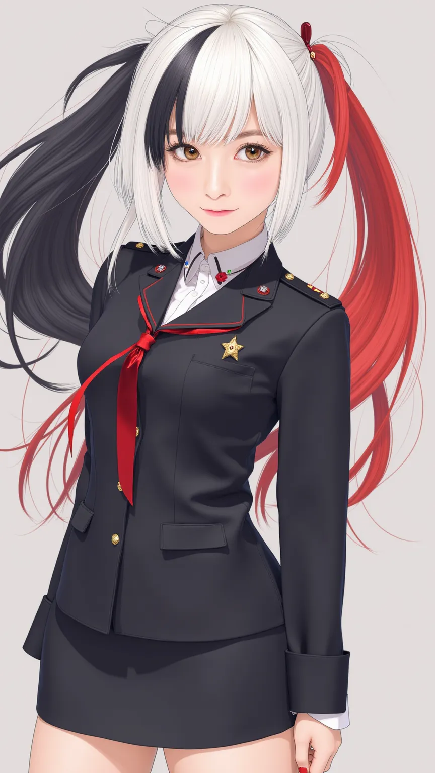 Silky smooth hair、Three hair colors: white blond hair, black hair, and red hair、Flush the bangs、 hairstyle is straight、Long hair up to chest、brown skin、uniform、、twin tails from above、miniskirt