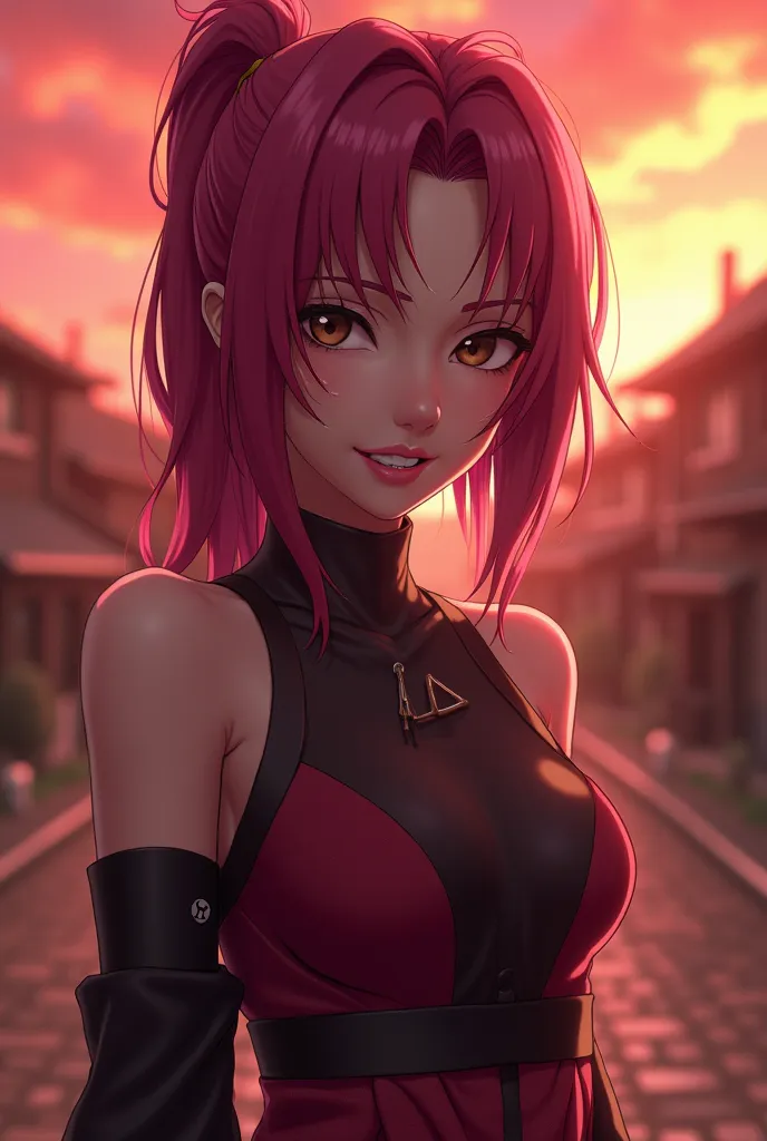 

" Naruto Shippuden anime capture : SINGLE 18-year-old woman,  very beautiful, Brown Leather , Dark Brown Eyes,Vinotinto hair  (violet red), medium hair with fringe curtain and debrushed layers, Laughing faction , SEXY ninja costume clothing. NARUTO STYLE...