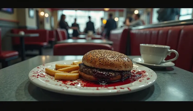 Picture Prompt for YouTube Thumbnail:
Visual Concept:
A close-up of a blood-splattered diner plate with a half-eaten burger and fries. In the background, the diner is in chaos—blurred figures of people running, a tipped-over chair, and a shattered coffee c...