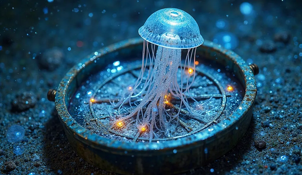 prospect：to grow crystal anemones in a broken classical navigation compass

Medium view：A symbiotic community composed of mechanical jellyfish and luminescent plankton

Light and shadow：, the light spots formed by refraction of the surface of the water are...