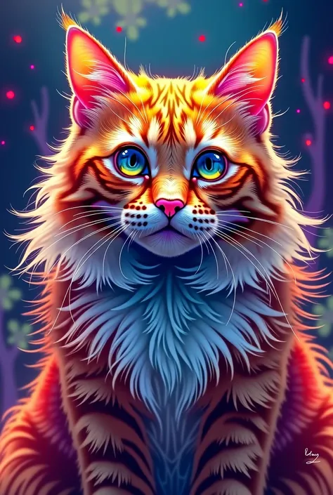 painting of a Cat with a colorful face and long hair, beautiful neon Cats, awesome Cat, BeautifulArt,  Vector art by 、Colourful and Rich in Details ,  Amazing Art, beautiful Cat, Cat design,  brightly colored parrot painting , a painting of a Cat, Cat.  di...