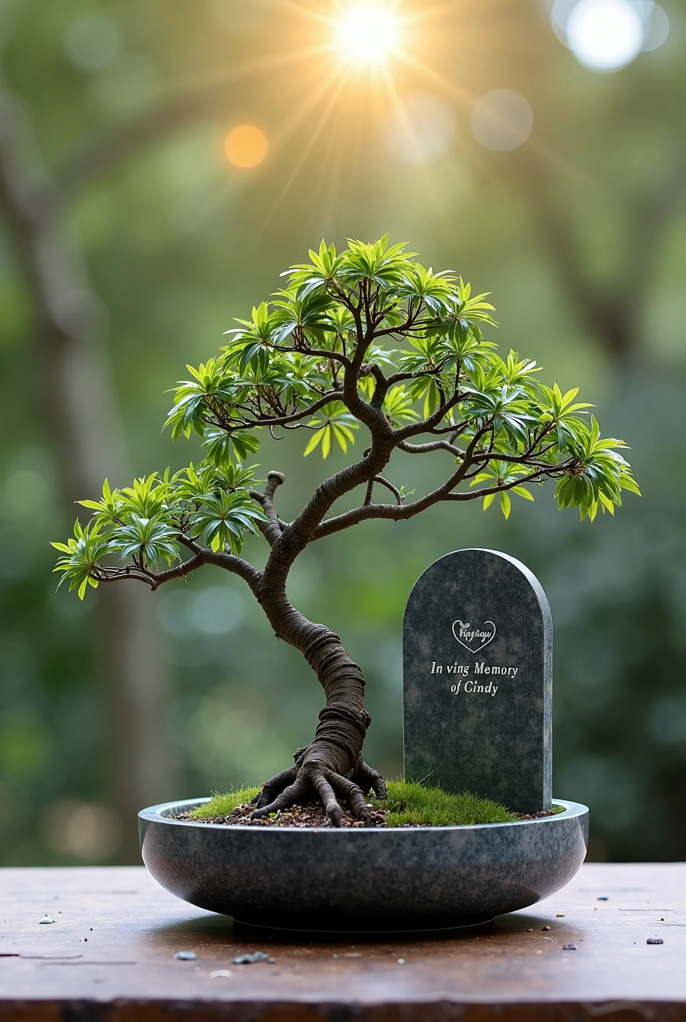 A bonzai tree with a smaller beautiful marble gravestone underneath and the engraving in loving memory of Cindy on. The bonzai tree in a bowl suitable for a gift 