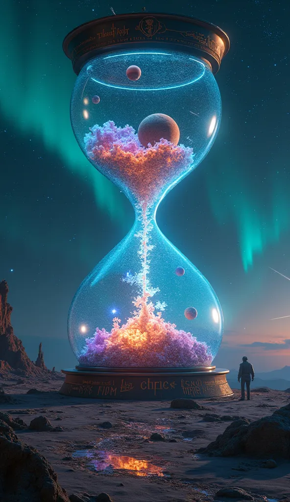 Create an ultra-realistic and hyper-detailed image of a giant hourglass on the surface of an unknown planet. The camera is focused on the hourglass, giving the impression that it is colossal. The glass of the hourglass emits a bright bluish light, with pla...