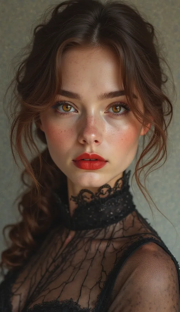 white woman with brown hair, amber eyes with voluminous lashes, Red lips with high-necked clothing 