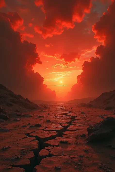  Imagine a bleak landscape , plagued by furious and turbulent winds that drag lost souls through the air. The sky is an intense red, as if on fire, and the clouds shake rapidly, creating a sense of uncontrolled chaos. The Earth is arid and rocky, with crac...