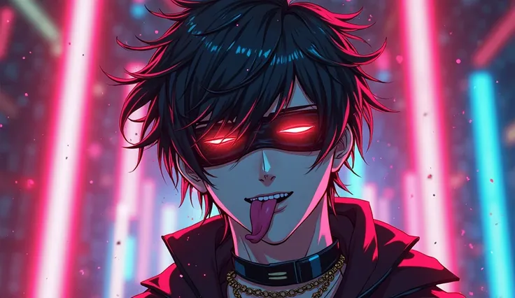 a picture of a male anime character blindfolded, stylish clothes, And messy hair and a futuristic neon LED outfit with a tiger smile barely running its tongue over its lips with a flashy background    