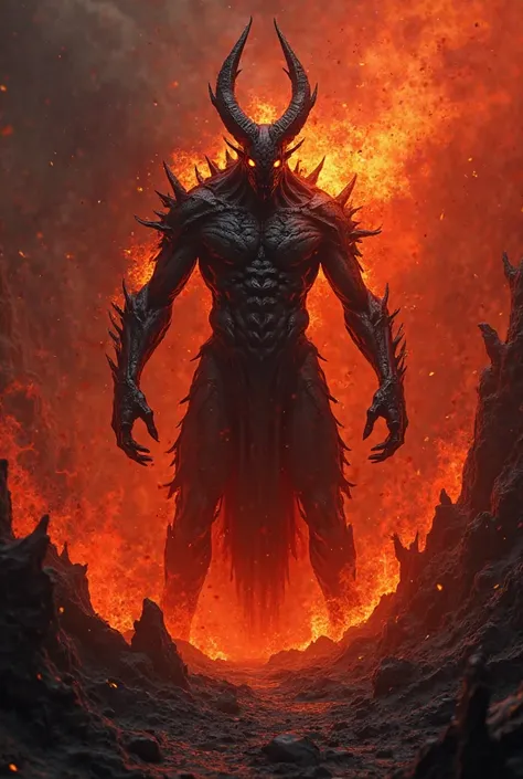 A 3d character in hell using black fire 