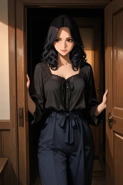  a tall woman, with short black hair ,curly, in dark blue pants and a black short-sleeved blouse, standing, with a wooden door in the back and saying something