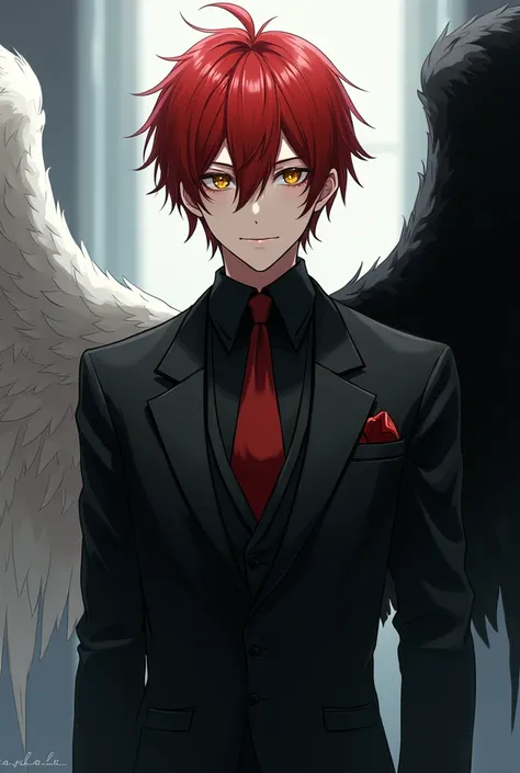 corrupted angel with red hair golden eyes,black suit, smile, with one white wing and the other black, anime man