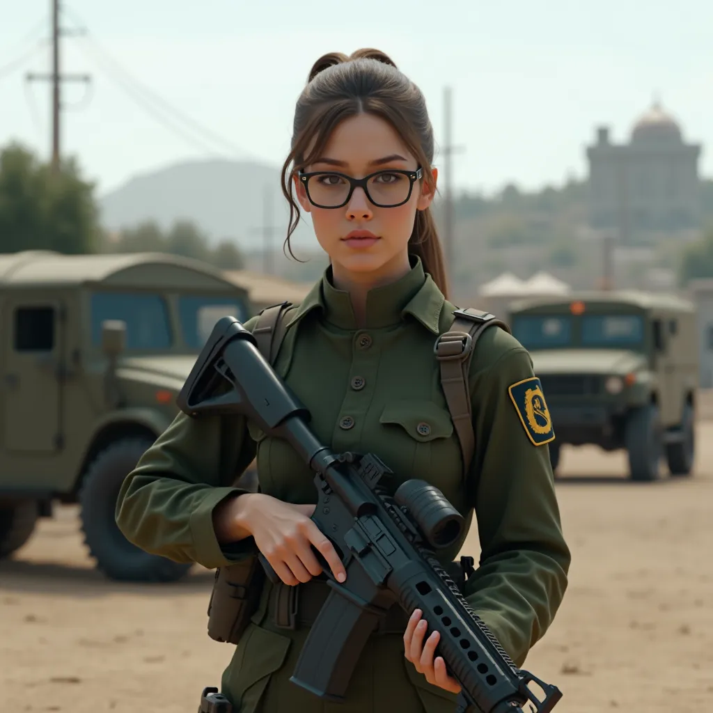 “A realistic military woman (But make it look more like a game character) in a dark green uniform, holding a rifle at a military base. She has a confident expression, with hair tied up and tactical glasses. The background shows military vehicles, tents and...